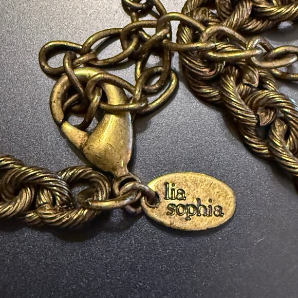 Vintage Lia Sophia Brass Tone Crystal Pearl Bib Necklace - Picture 8 of 8